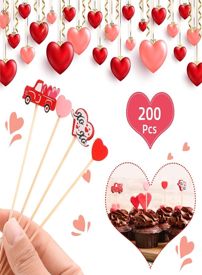 Funtery مجموعة فونتري من 200 قطعة من أعواد الكوكتيل لعيد الحب، تشكيلة متنوعة من القلوب الحمراء والوردية، بما في ذلك شاحنة حمراء مزينة بقلب، مصنوعة من الخيزران، لتزيين المشروبات والفواكه والحلويات والمأكولات والمقبلات. - Image 2