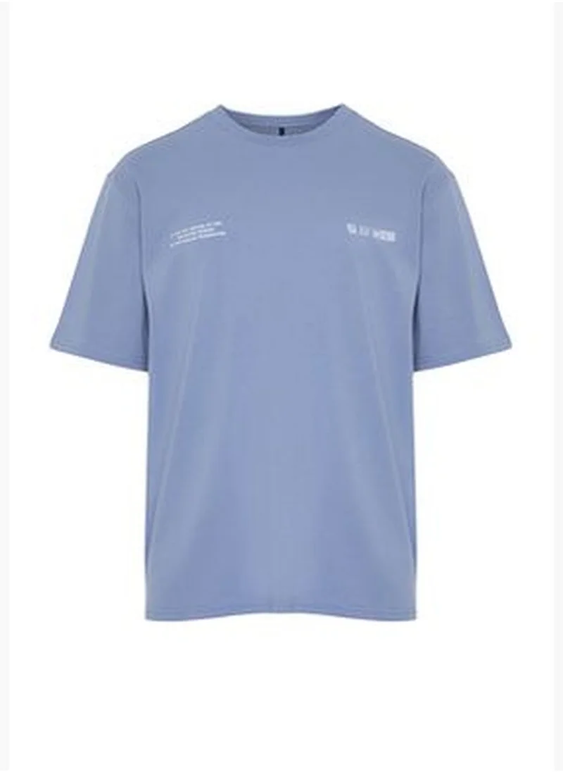 trendyol Men's Blue Relaxed/Comfortable Cut Text Printed 100% Cotton T-Shirt
