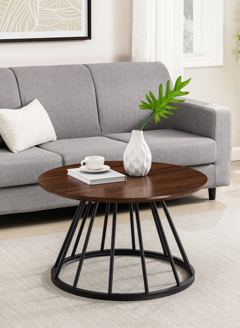 Mobellya Round Coffee Table with wooden Top and Black Metal Cage Base - Modern Minimalist Design - Image 2