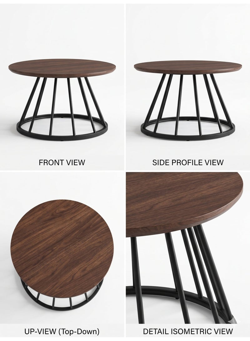 Mobellya Round Coffee Table with wooden Top and Black Metal Cage Base - Modern Minimalist Design - Image 1