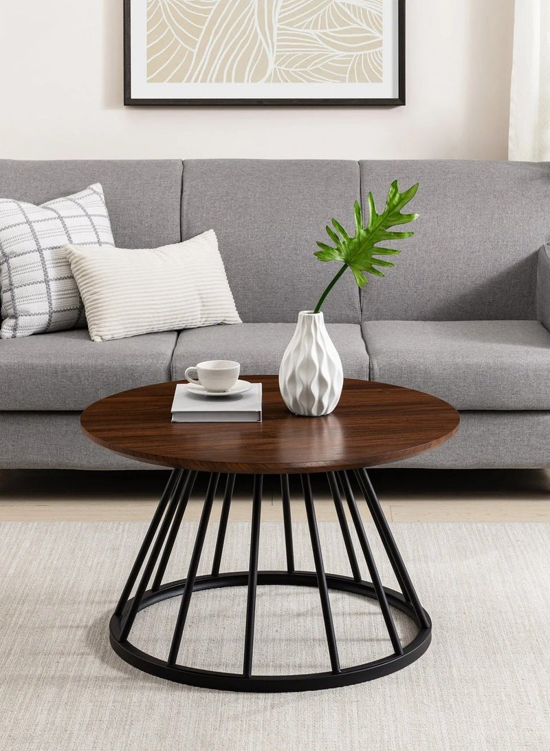 Mobellya Round Coffee Table with wooden Top and Black Metal Cage Base - Modern Minimalist Design - Image 3