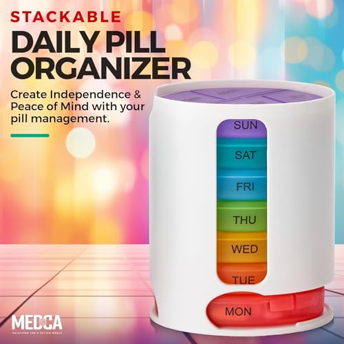 MEDca Weekly Pill Organizer, 1 Dispenser, 7 Stackable Multi-Color Compartments Four Times-a-Day - Morning, Noon, Evening, and Bedtime, White - Image 2