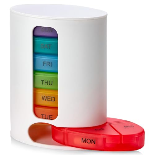 MEDca Weekly Pill Organizer, 1 Dispenser, 7 Stackable Multi-Color Compartments Four Times-a-Day - Morning, Noon, Evening, and Bedtime, White - Image 1