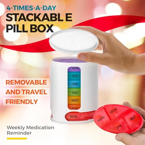MEDca Weekly Pill Organizer, 1 Dispenser, 7 Stackable Multi-Color Compartments Four Times-a-Day - Morning, Noon, Evening, and Bedtime, White - Image 3