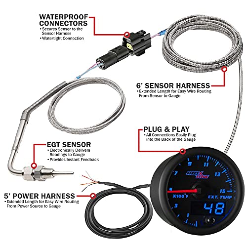 MaxTow Double Vision 1500 F Pyrometer Exhaust Gas Temperature EGT Gauge Kit - Includes Type K Probe - Black Gauge Face - Blue LED Dial - Analog & Digital Readouts - for Diesel Trucks - 2-1/16" 52mm - Image 3