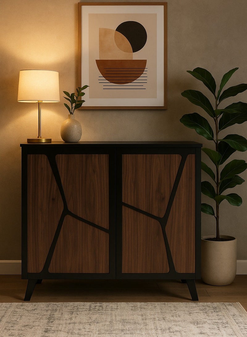 خزانة خشبية حديثة بأبواب بنمط هندسي – جوزي/أسود | دولاب تخزين مع أرفف لغرفة المعيشة وغرفة النوم