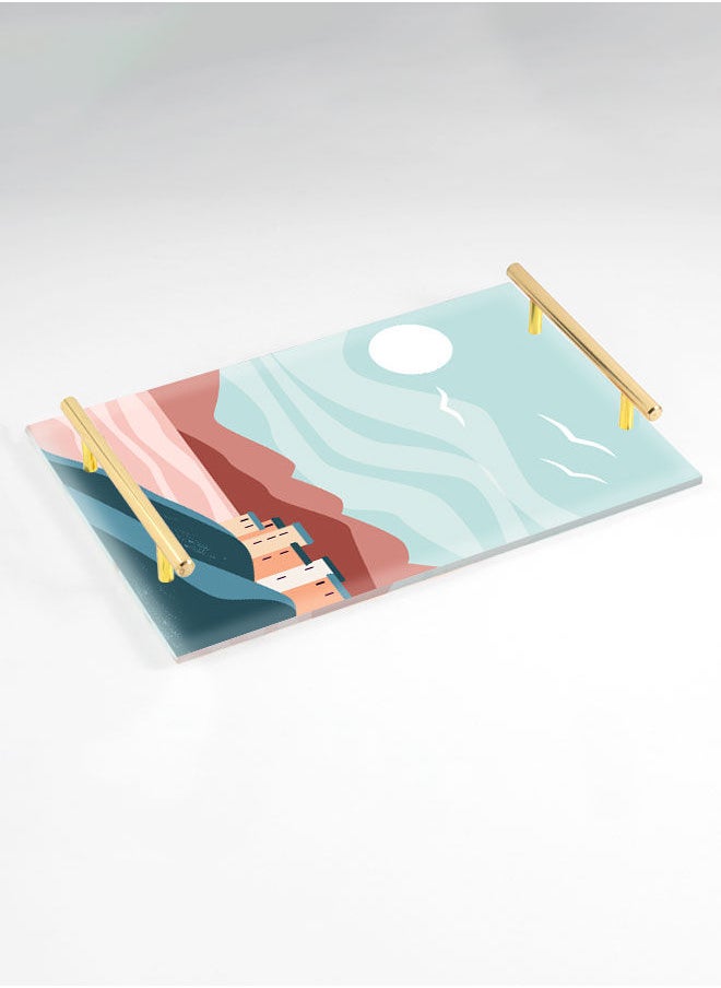 LOWHA Decorative Acrylic Serving Tray with Gold Color Metal Handles Moon Art 20x30cm  - Image 1