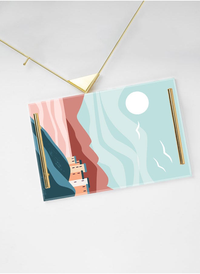 LOWHA Decorative Acrylic Serving Tray with Gold Color Metal Handles Moon Art 20x30cm  - Image 3