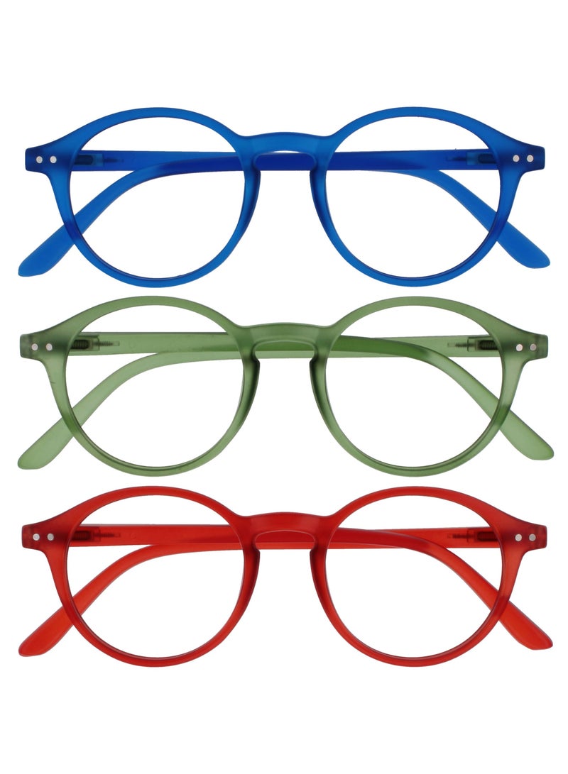 OPULIZE REY Reading Glasses for Women Men, Retro Round Frame with Spring Hinges, Matte Blue, Green, Red +1.00 (Pack of 3) - Image 1