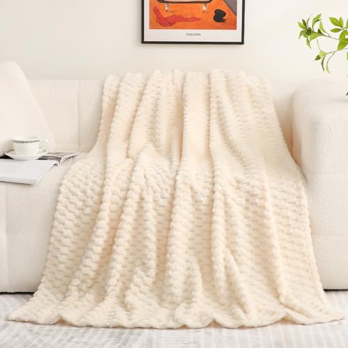Puncuntex Cream White Throw Blanket 50"×60" inches Fuzzy 3D Jacquard Decorative Flannel Fleece Super Soft Plush Cozy Blanket for Couch Sofa Chair Lightweight - Image 2