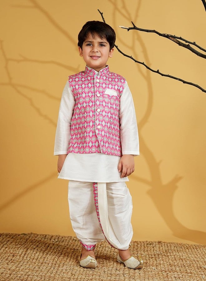 AJ DEZINES Kids Silk Blend Full Sleeve Embroidered Pink Dhoti Kurta Set for Boys - Ethnic wear | Traditional & Festival Wear|Waistcoat for boys - Regular Fit (1951-PINK-5) - Image 2