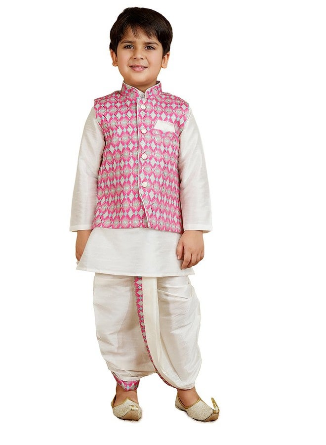 AJ DEZINES Kids Silk Blend Full Sleeve Embroidered Pink Dhoti Kurta Set for Boys - Ethnic wear | Traditional & Festival Wear|Waistcoat for boys - Regular Fit (1951-PINK-5) - Image 1