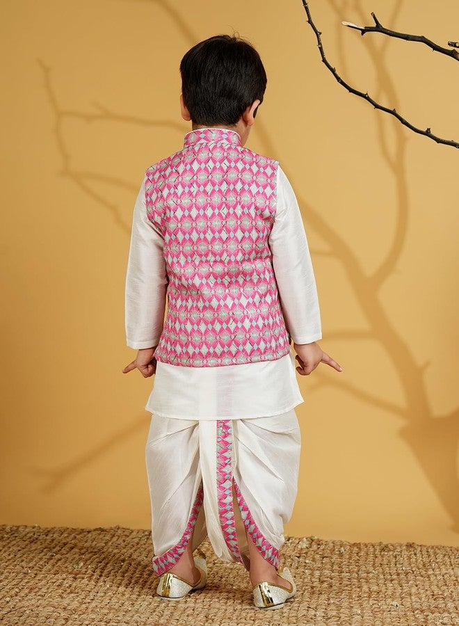 AJ DEZINES Kids Silk Blend Full Sleeve Embroidered Pink Dhoti Kurta Set for Boys - Ethnic wear | Traditional & Festival Wear|Waistcoat for boys - Regular Fit (1951-PINK-5) - Image 3
