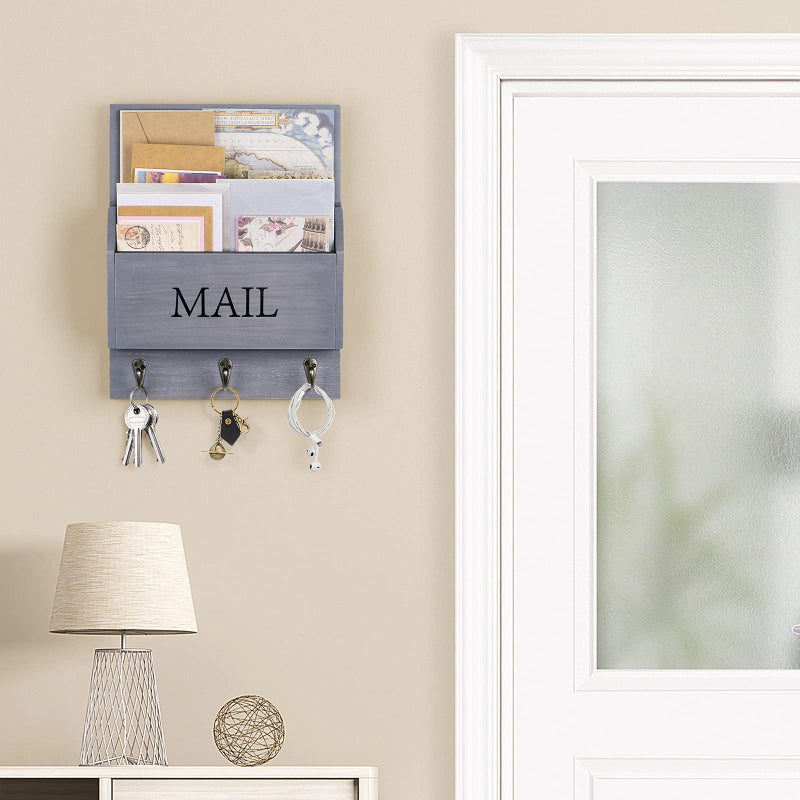 DLQuarts Mail Organizer with Key Holder for Wall Decorative Mail Sorter Wall Mounted, Wooden Mail Holder with 3 Hooks, Gray - Image 2