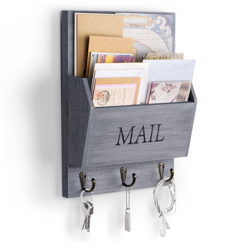 DLQuarts Mail Organizer with Key Holder for Wall Decorative Mail Sorter Wall Mounted, Wooden Mail Holder with 3 Hooks, Gray - Image 1