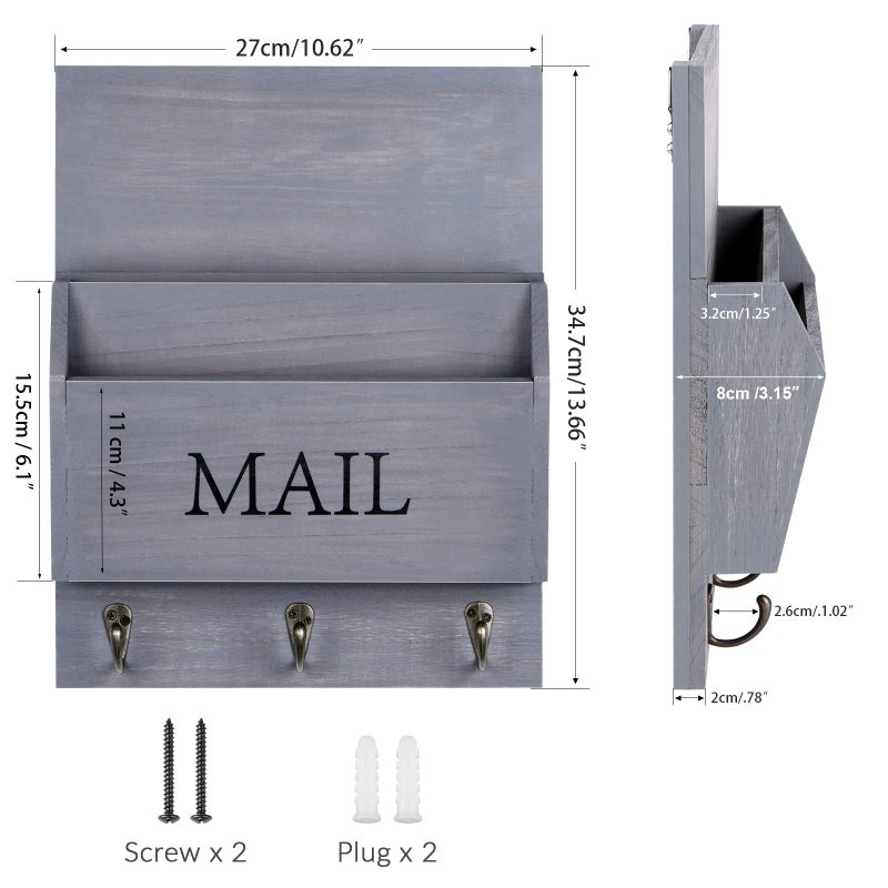 DLQuarts Mail Organizer with Key Holder for Wall Decorative Mail Sorter Wall Mounted, Wooden Mail Holder with 3 Hooks, Gray - Image 5