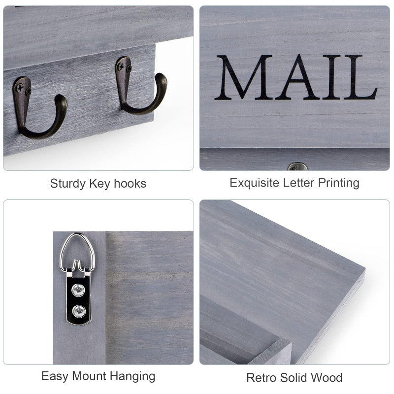 DLQuarts Mail Organizer with Key Holder for Wall Decorative Mail Sorter Wall Mounted, Wooden Mail Holder with 3 Hooks, Gray - Image 4
