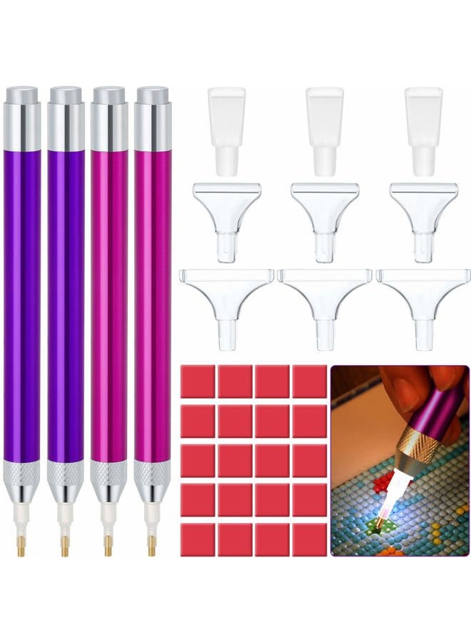 Maitys 4 Pcs LED Rhinestone Painting Drill Pen 5D Rhinestone Painting Lighted Rhinestone Painting Accessories with 20 Pcs Painting Glue Clay, 9 Pcs Pen Heads for Painting Craft(Purple, Rose Red) - Image 1