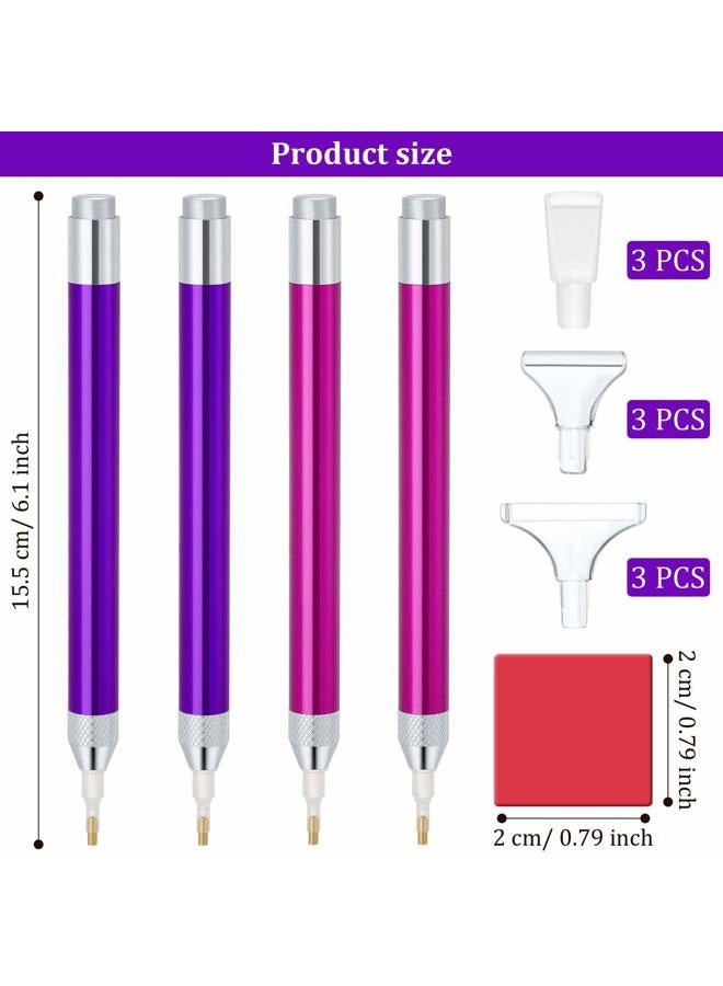 Maitys 4 Pcs LED Rhinestone Painting Drill Pen 5D Rhinestone Painting Lighted Rhinestone Painting Accessories with 20 Pcs Painting Glue Clay, 9 Pcs Pen Heads for Painting Craft(Purple, Rose Red) - Image 2