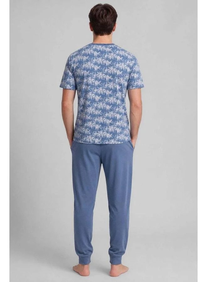 Aytuğ Egyptian Men's Cotton Animal Print Pajama Set - Blue.