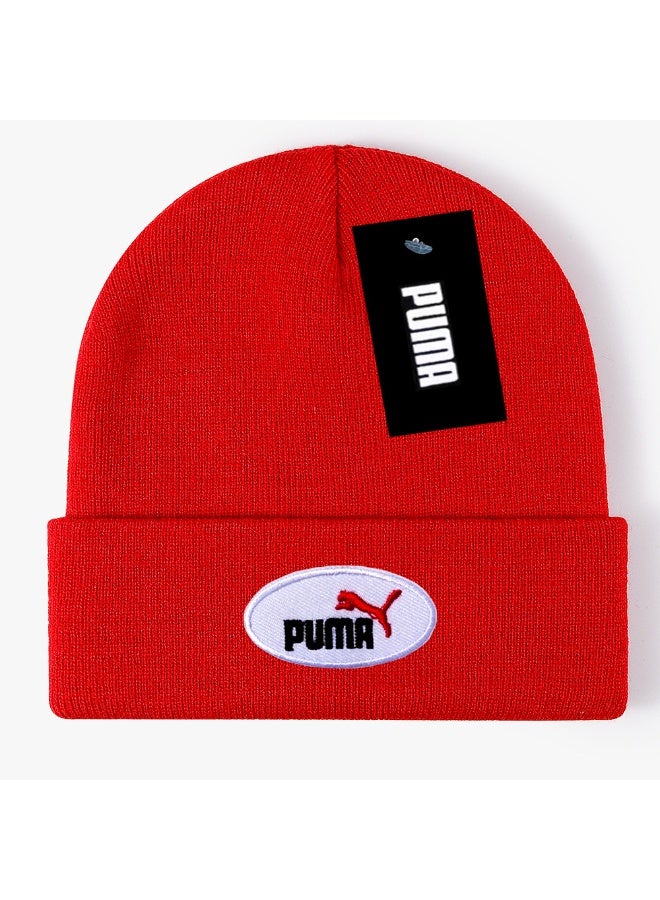 Puma Red Knit Beanie with Embroidered Logo Patch (White Oval Badge)