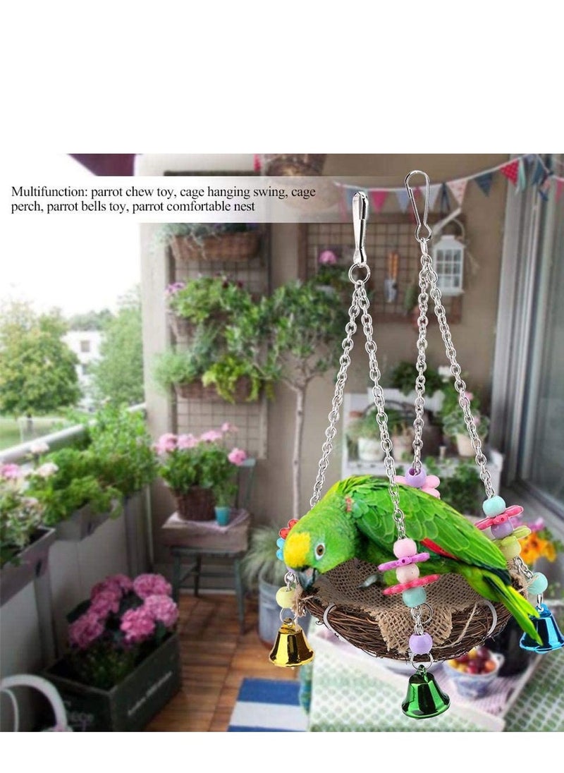 Generic Hanging Bird Nest Bird Swing Toys with Bells Natural Rattan Winter Warm Nest Bird Cage Hammock for Cockatoo Macaw Grey Budgie Parakeet Cockatiel Lovebird Finch  - Image 4