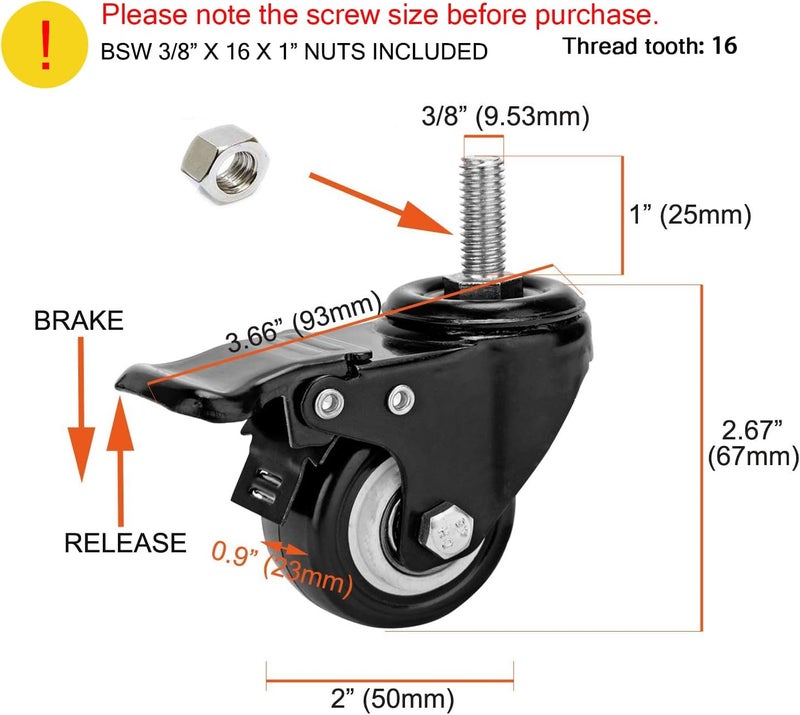 YOOGAA 2" Stem Caster Wheels with Safety Dual Locking 600Lbs Heavy Duty Threaded Stem Casters No Noise Swivel Castors with Brakes 3/8"- 16 x 1" (Set of 4) - Image 2