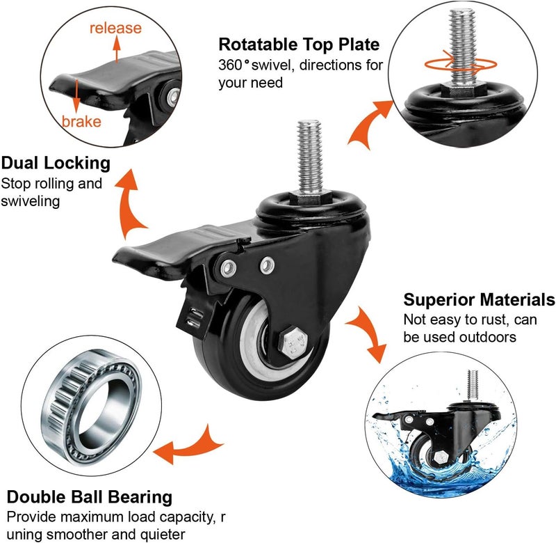 YOOGAA 2" Stem Caster Wheels with Safety Dual Locking 600Lbs Heavy Duty Threaded Stem Casters No Noise Swivel Castors with Brakes 3/8"- 16 x 1" (Set of 4) - Image 5