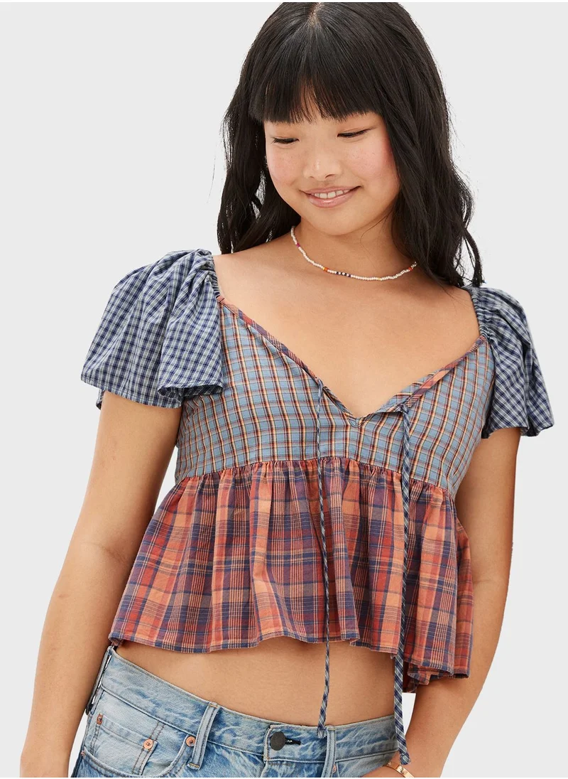 American Eagle Checked Tiered Top