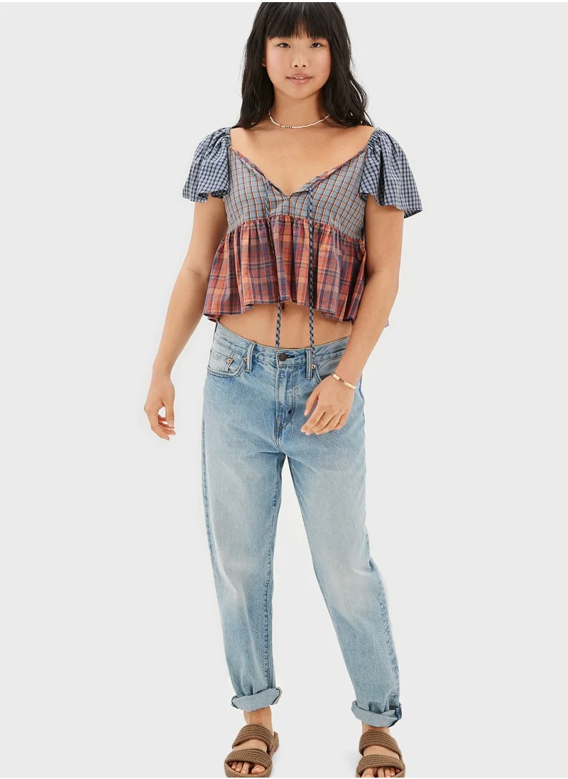 American Eagle Checked Tiered Top