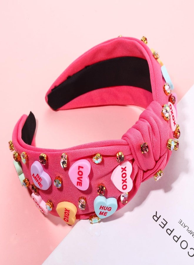 NVENF Valentine’s Day Headband for Women Love Heart Headband Jeweled Crystal Rhinestone Knotted Headband Red Pink Wide Top Knot Headband Valentine’s Day Hair Accessories Party Gifts （Letter Pink 2） - Image 5