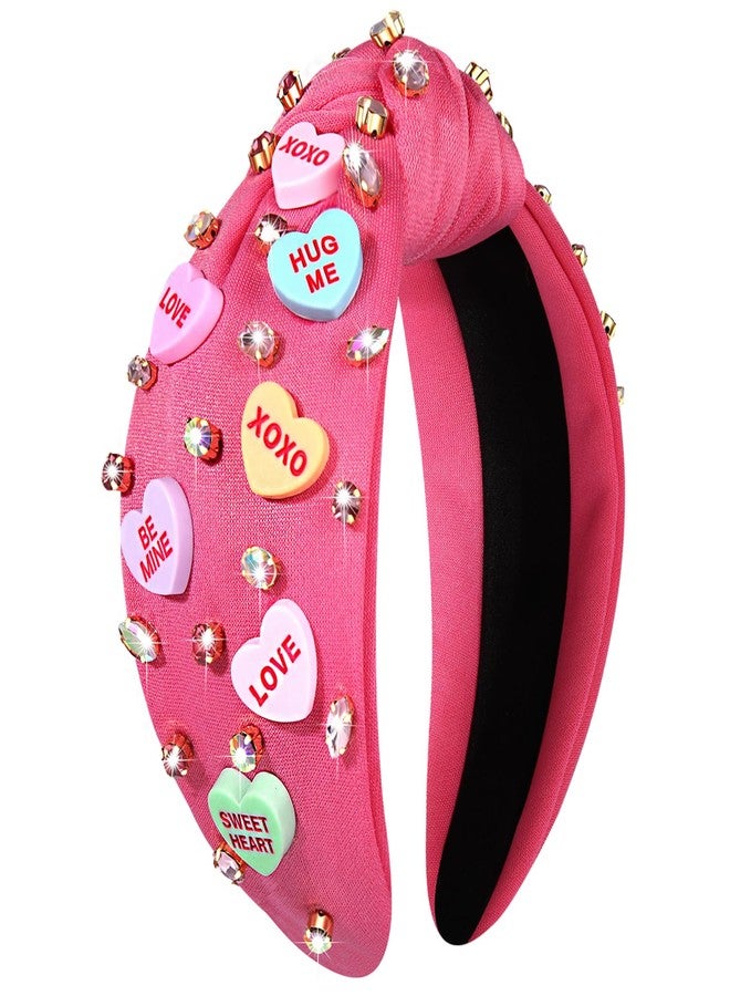 NVENF Valentine’s Day Headband for Women Love Heart Headband Jeweled Crystal Rhinestone Knotted Headband Red Pink Wide Top Knot Headband Valentine’s Day Hair Accessories Party Gifts （Letter Pink 2） - Image 1
