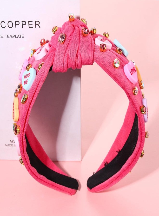 NVENF Valentine’s Day Headband for Women Love Heart Headband Jeweled Crystal Rhinestone Knotted Headband Red Pink Wide Top Knot Headband Valentine’s Day Hair Accessories Party Gifts （Letter Pink 2） - Image 3