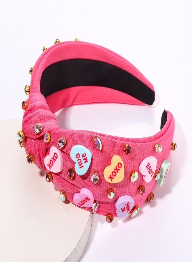 NVENF Valentine’s Day Headband for Women Love Heart Headband Jeweled Crystal Rhinestone Knotted Headband Red Pink Wide Top Knot Headband Valentine’s Day Hair Accessories Party Gifts （Letter Pink 2） - Image 2