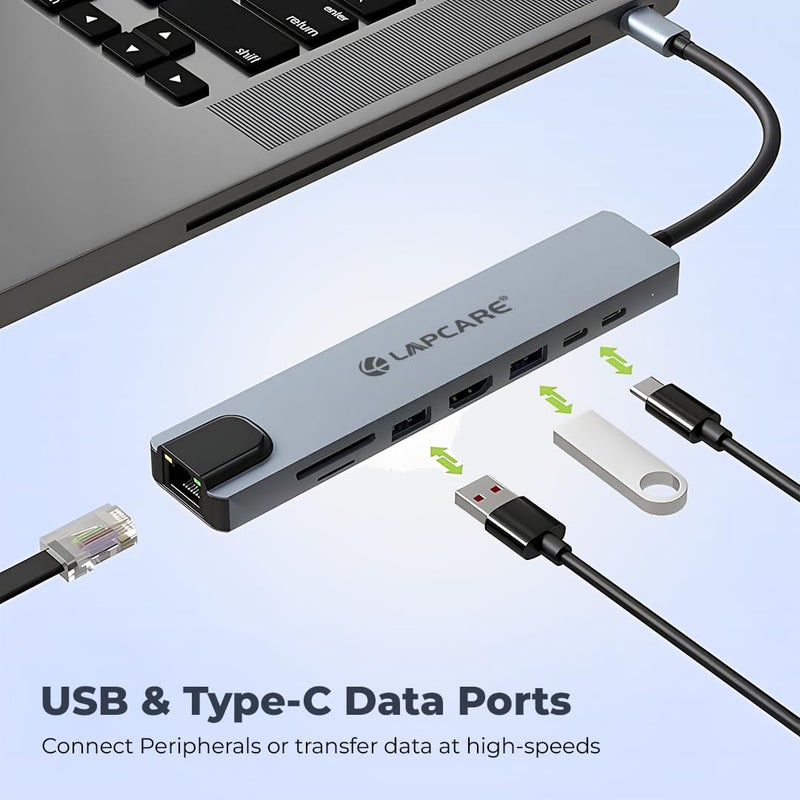 Lapcare 8-in-1 USB-C Hub Docking Station, 4K HDMI, 87W PD Charging, USB 3.0, Ethernet Port, SD/MicroSD Card Reader, Type-C Multiport Adapter for MacBook, Laptop, iPad Pro - Image 4