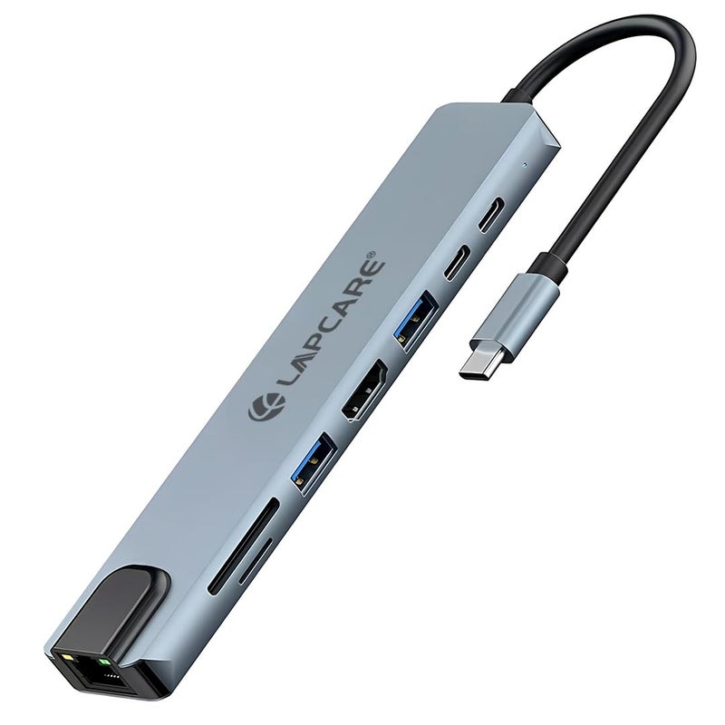 Lapcare 8-in-1 USB-C Hub Docking Station, 4K HDMI, 87W PD Charging, USB 3.0, Ethernet Port, SD/MicroSD Card Reader, Type-C Multiport Adapter for MacBook, Laptop, iPad Pro - Image 1