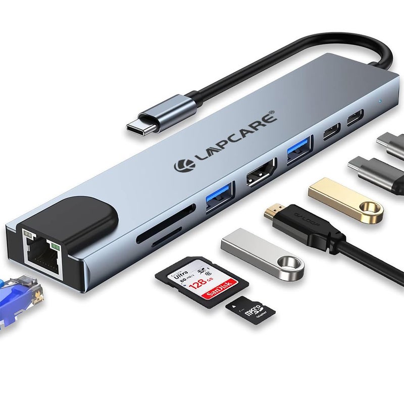 Lapcare 8-in-1 USB-C Hub Docking Station, 4K HDMI, 87W PD Charging, USB 3.0, Ethernet Port, SD/MicroSD Card Reader, Type-C Multiport Adapter for MacBook, Laptop, iPad Pro - Image 2