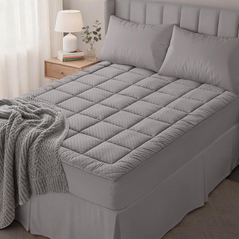 OLANLY Queen Quilted Fitted Mattress Pad, Elastic Fitted Mattress Topper, Cooling Soft Mattress Cover Stretches up to 21 Inches Deep, Machine Washable Mattress Protector (60x80 inch, Light Grey) - Image 1