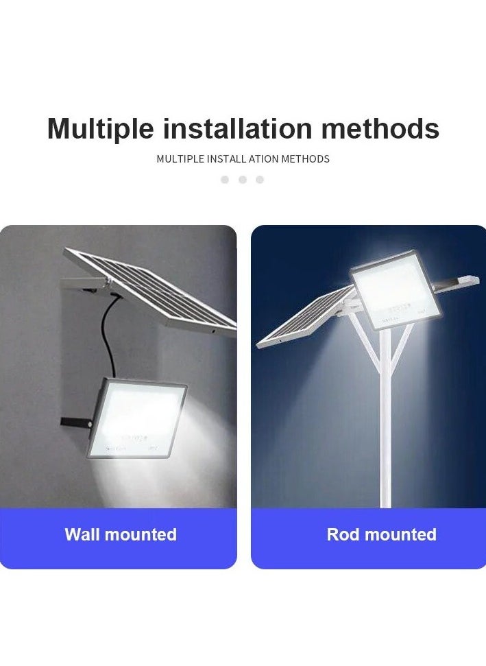 A high-quality, electricity-saving solar lamp with a power of 500 watts, with a remote control and a sensor to turn on automatically in the dark, The lighting color is white.