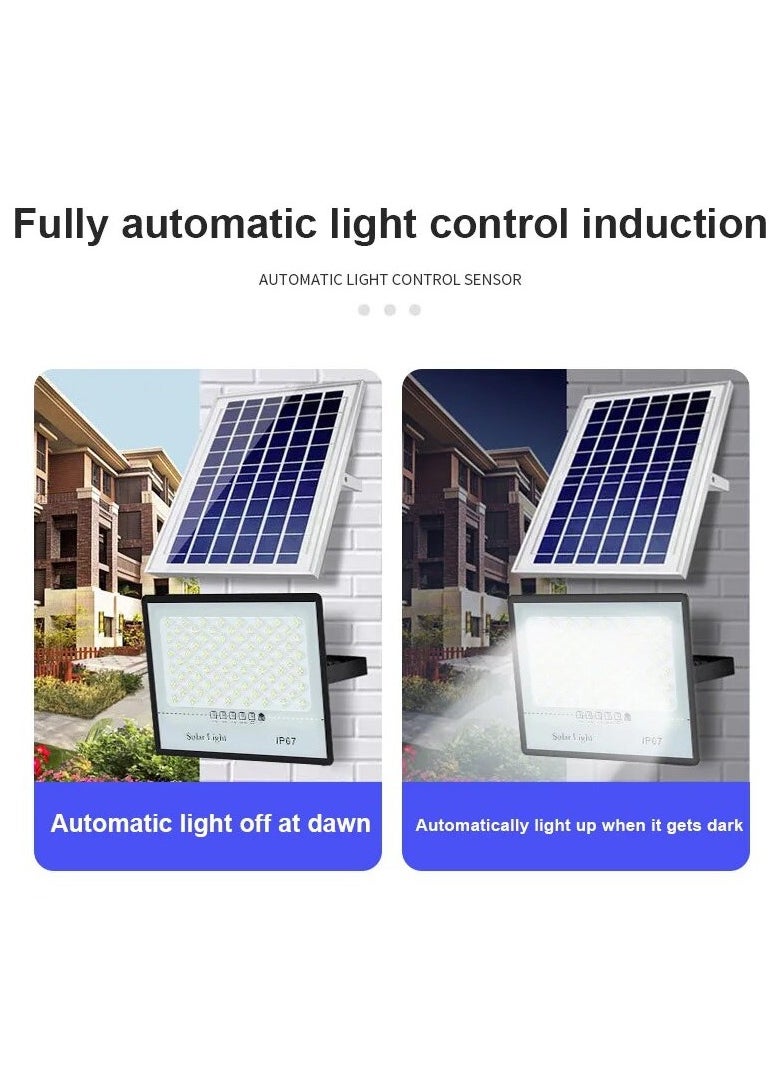 A high-quality, electricity-saving solar lamp with a power of 500 watts, with a remote control and a sensor to turn on automatically in the dark, The lighting color is white.