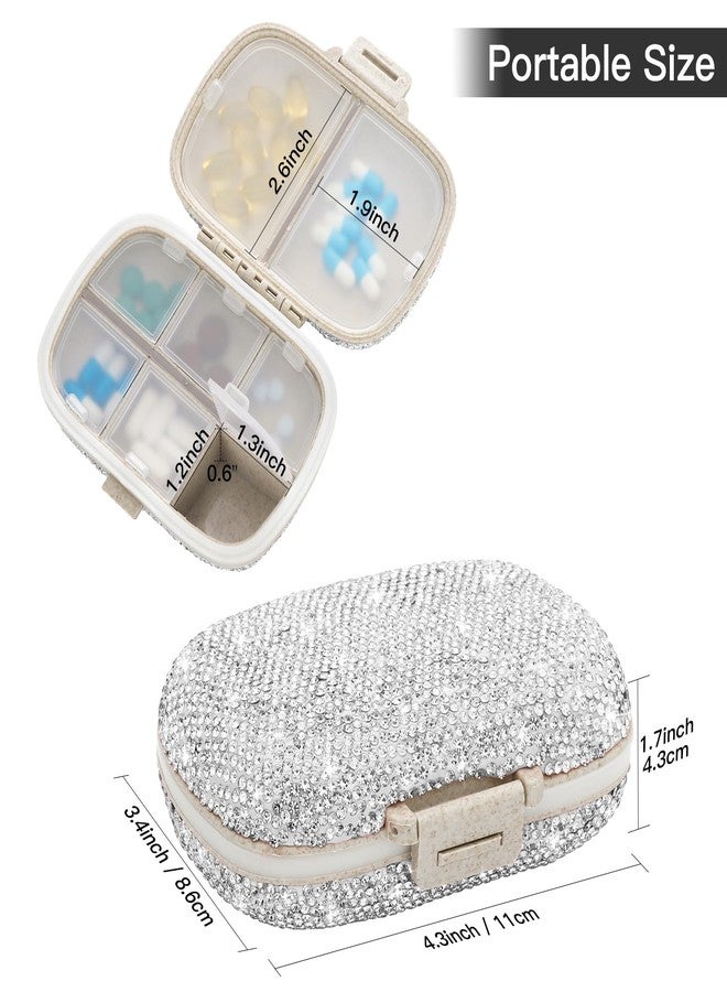 Soleebee Portable 8 Compartments Daily Pill Organizer, Bling Crystal Diamond Pill Box, Small Travel Pill Case, Pill Dispenser, Medicine Container Organizer to Hold Vitamin, Fish Oil (Silver) - Image 3