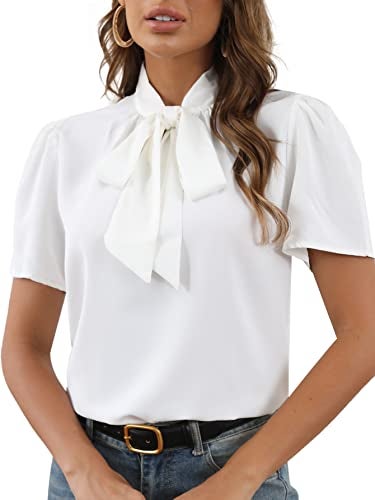 Rooscier Women's Bow Tie Knot Mock Neck Short Sleeve Elegant Workwear Blouse Shirt Top White Medium - Image 3