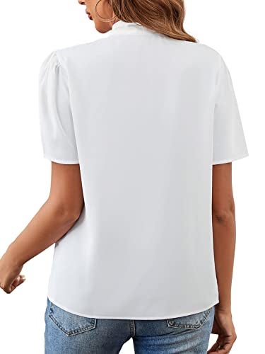 Rooscier Women's Bow Tie Knot Mock Neck Short Sleeve Elegant Workwear Blouse Shirt Top White Medium - Image 2