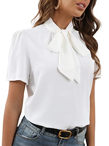 Rooscier Women's Bow Tie Knot Mock Neck Short Sleeve Elegant Workwear Blouse Shirt Top White Medium - Image 5