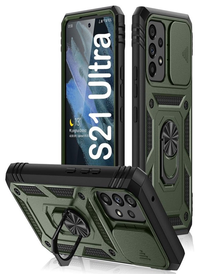 PASNEW Military Case for Samsung Galaxy S21 Ultra,Metal Kickstand & Camera Cover Slide & Charge Port Dust Plug,Heavy Duty Rugged Shockproof Hard Shell S21Ultra,6.8 inch,Army Green - Image 1