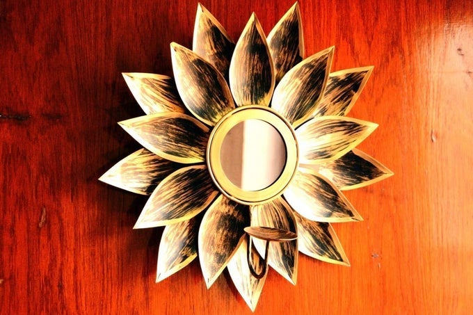 PREMIUM SUNFLOWER MIRROR WALL DECORATION WITH TEALIGHT CANDLE HOLDER RETRO METAL WALL HANGING LIVING ROOM WALL SCONCE TEALIGHT HOLDER (GOLDEN, 12" INCH), HOME DECOR ITEMS FOR WALL