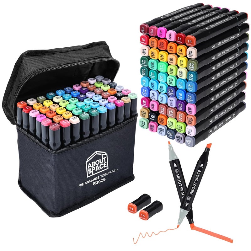 ABOUT SPACE Dual Tip Art Markers 60 Colours With Carrying Case For Painting Sketching Calligraphy Drawing Odorless&Non Toxic Twin Head Permanent Colouring Markers For Kids Adult Beginners|Assorted - Image 1