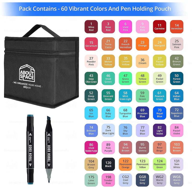 ABOUT SPACE Dual Tip Art Markers 60 Colours With Carrying Case For Painting Sketching Calligraphy Drawing Odorless&Non Toxic Twin Head Permanent Colouring Markers For Kids Adult Beginners|Assorted - Image 4