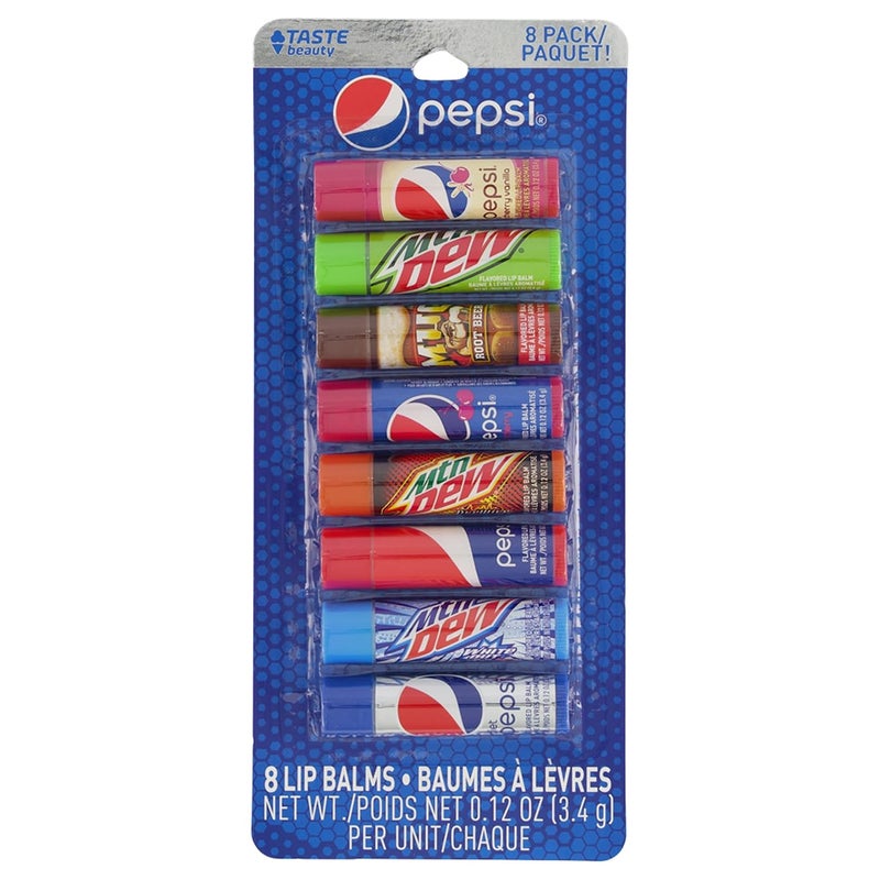 Taste Beauty Taste Beauty Pepsi 8 Pack Lip Balm Pepsi Cherry Vanilla Mountain Dew Mug Pepsi Wild Cherry Classic Pepsi Mountain Dew White and Live Wire Diet Pepsi 