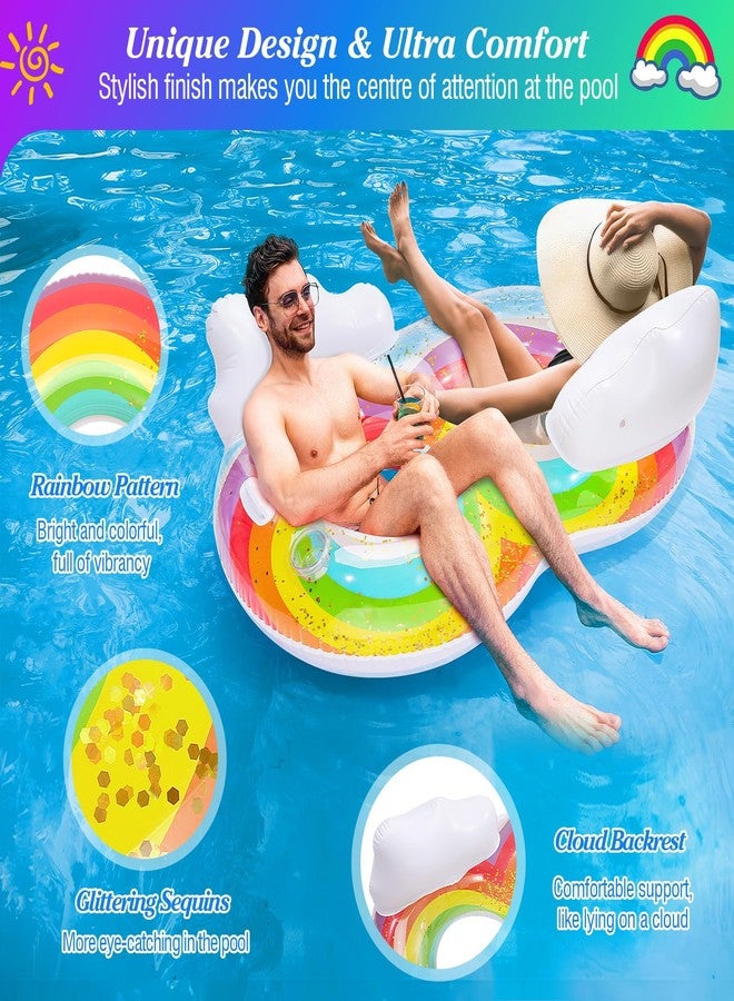MoKo Pool Floats Adult, 2 Seat Inflatable Chairs, Rainbow Pool Floaties with Clouds Backrests, Inflatable Pool Toys with Cup Holders and Handles Beach Party Water Park, Rainbow & White Clouds - Image 3